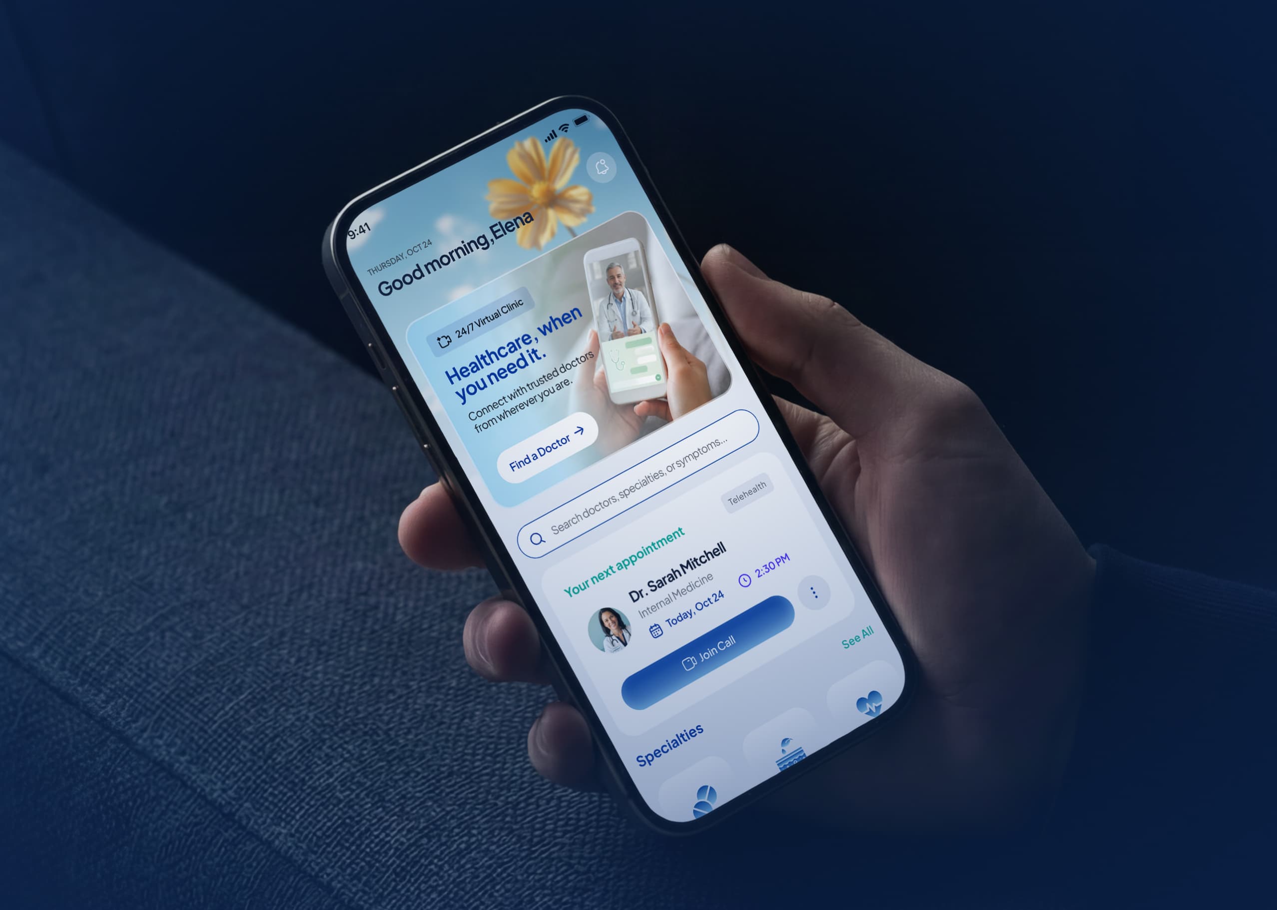 Telemedicine app on a phone showing the next doctor appointment and a Join Call button