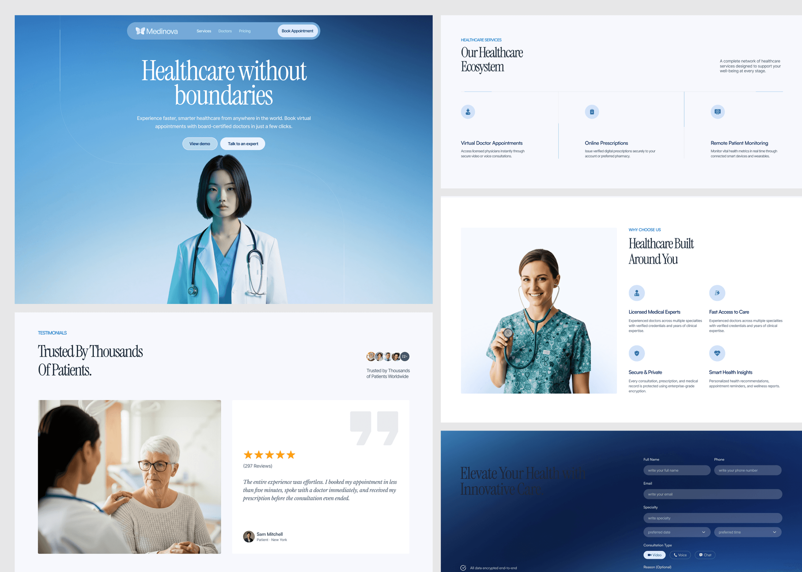 Clinic website screens: hero, services, why choose us, testimonials and appointment form