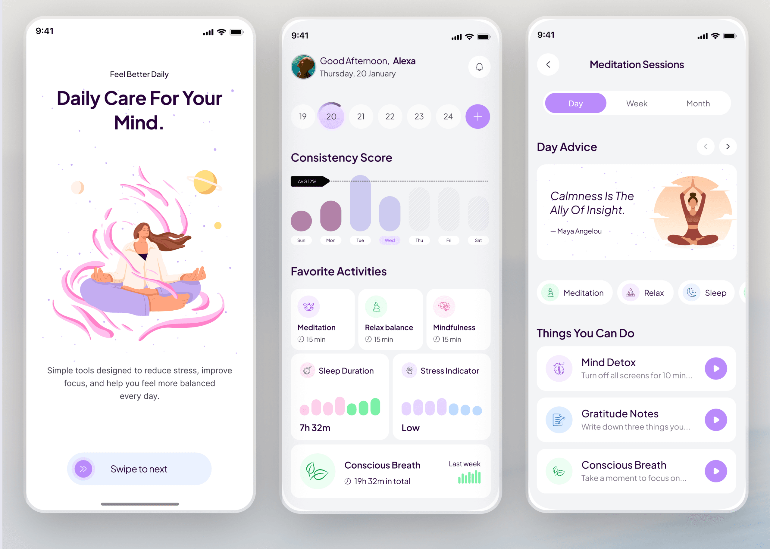 Mental health app screens: onboarding, consistency score and meditation sessions