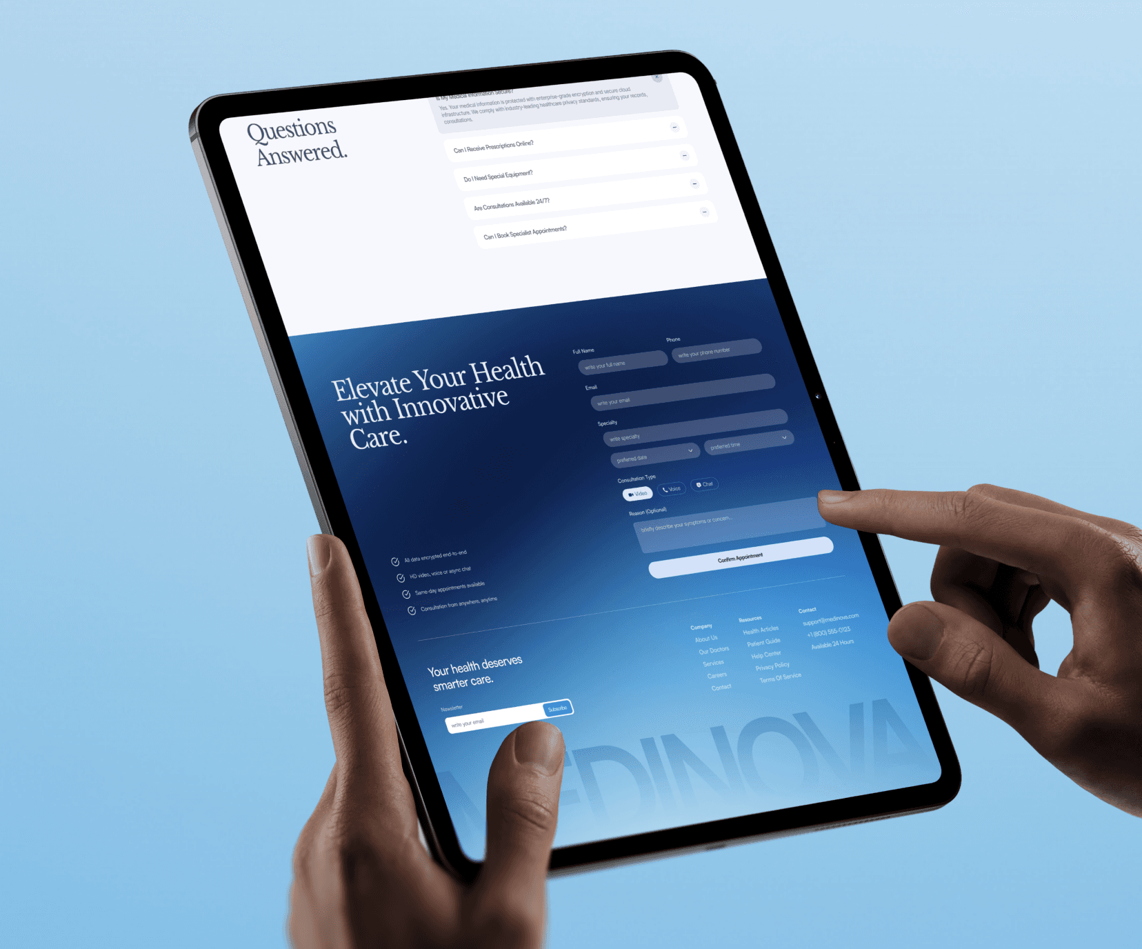 Medinova clinic website on a tablet