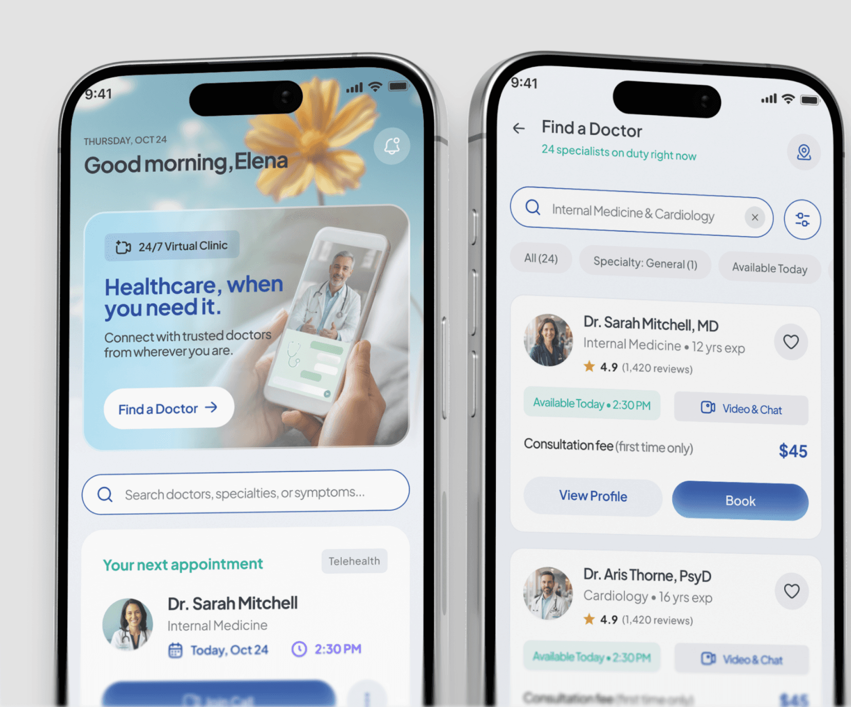 Telemedicine app screens: home with next appointment and find a doctor